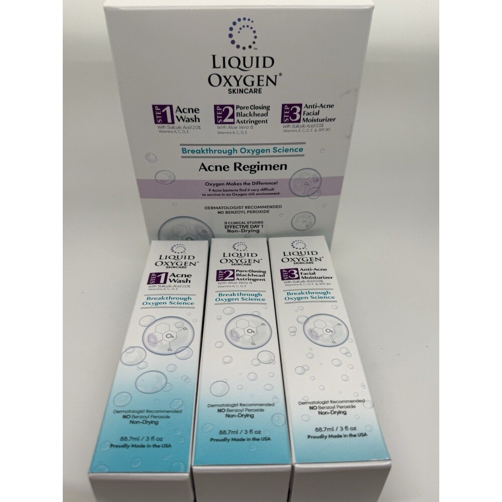 Liquid Oxygen Skincare Acne Regimen 3 Set Wash, Astringent & Moisturizer NIB